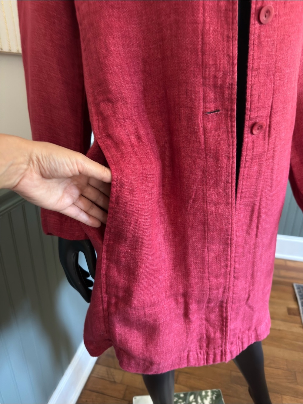 Eileen Fisher 100% Linen Raspberry Red Long Jacket | Chic Lightweight Layer - Picture 8 of 17